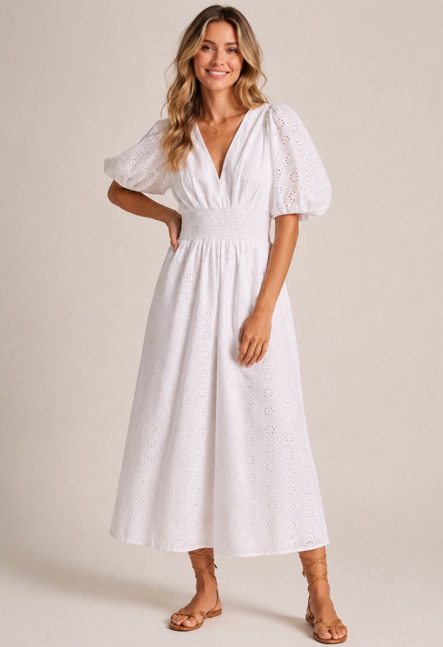 Anthropologie Hutch White Eyelet Smocked Wide Leg Jumpsuit Puff Sleeve Small